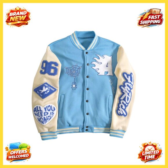Men's Varsity Baseball Jacket Button Down Graphic Letterman Bomber Preppy Y2K